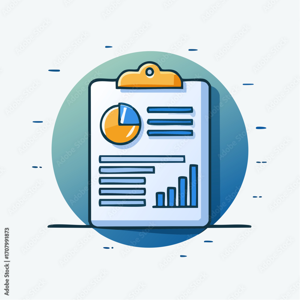 Poster illustrated business analytics report depicted on a clipboard with charts and graphs in a circle