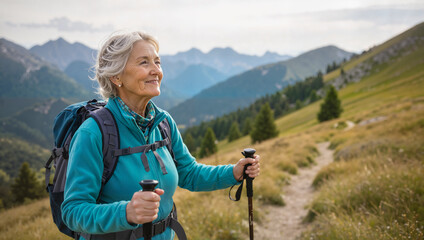 Elderly woman hiking in mountain landscape