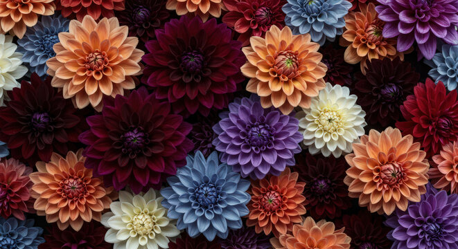 Dahlia Delight A Vibrant Tapestry of Colorful Dahlias Creating a Rich and Textured Floral Display Showcasing Nature's Palette in Full Bloom and Artistic Arrangement