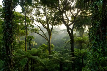 Fototapeta premium Sunlight streams through the lush green leaves of a tropical rainforest, illuminating a serene view of palm trees and other plants