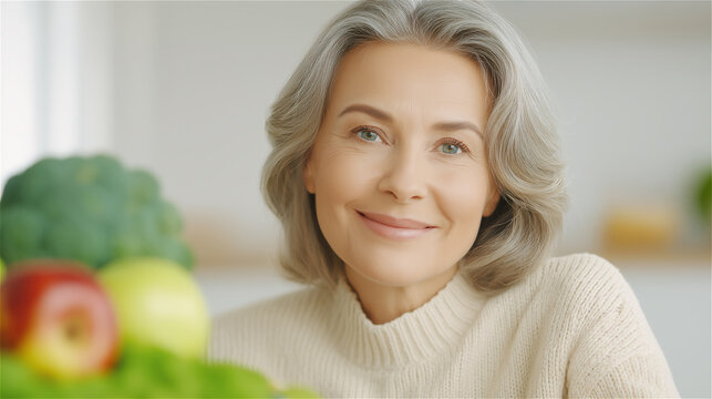 Smiling senior woman sitting at kitchen table with fruits and vegetables, symbolizing wellness, healthy living and lifestyle with warm tones and background copy space for creative health mockup design