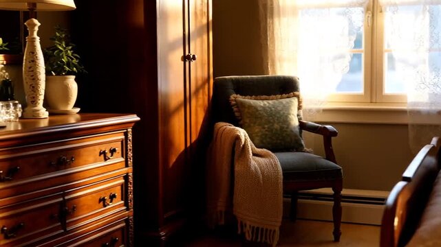Warm morning light streaming into a beautifully appointed cozy bedroom