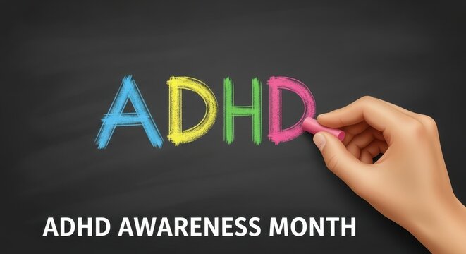 hand holding pink chalk, drawing colorful letters "adhd" on blackboard. celebrating awareness month. education and mental health. poster, banner design. attention deficit hyperactivity disorder