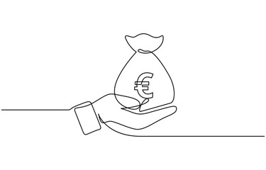 Continuous one line drawing of Hand holding euro coin vector illustration. Editable outline