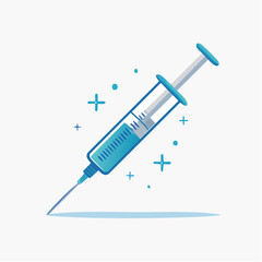 Illustrated representation of a medical syringe containing a blue fluid and tiny sparkles