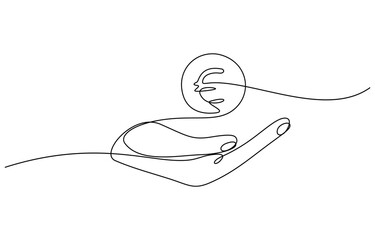 Obraz premium Continuous one line drawing of Hand holding euro coin vector illustration. Editable outline