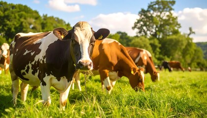 Cows grazing in a lush green field under a sunny sky