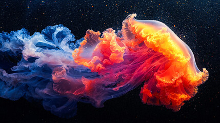 Fototapeta premium Stunning digital representation of a jellyfish exhibiting mesmerizing colors and fluid movement against a dark background capturing the essence of marine life in an artistic