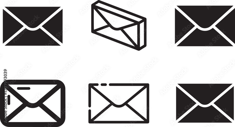 Poster envelope icons set featuring front, isometric, and various styles on a transparent background