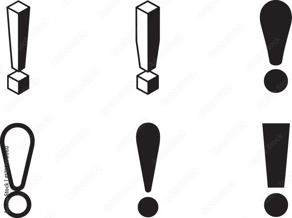 Poster exclamation mark icons set featuring isometric and flat styles on transparent backdrop