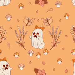 Funny ghosts in folk floral plant frame. Halloween floral mushroom pattern seamless orange wallpaper.
