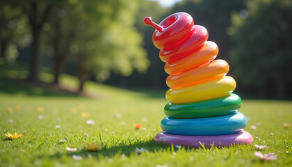 Colorful stacking rings toy on a grassy lawn, concept of childhood development