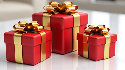 Obraz premium Three red gift boxes with golden bows and ribbons