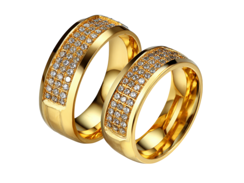 Gold couple rings diamond wedding bands anniversary jewelry, Isolated On White Background, Png Transparent