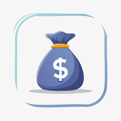 Illustration of a blue money bag with a dollar symbol inside a rounded square frame