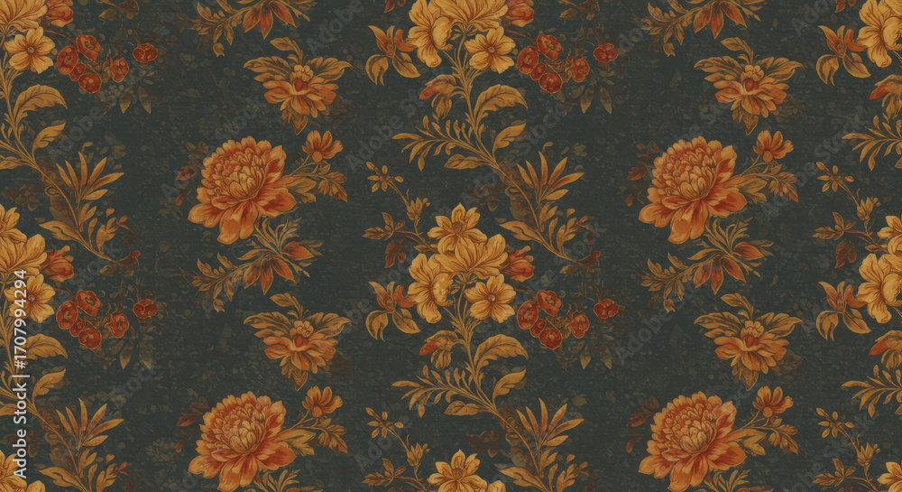 Poster dark floral pattern with golden flowers and berries a rich and elegant design featuring intricate bo
