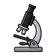A simple cartoon illustration of a gray microscope, ideal for science, research, and laboratory concepts.