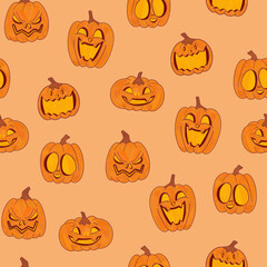 Cartoon glowing pumpkin lanterns with smiling and laughing faces. Halloween festival pattern.
