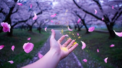 Hand catching falling cherry blossoms in magical park