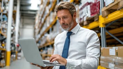 Warehouse Logistician at Work: A focused logistician meticulously reviews data on a laptop, surrounded by a comprehensive warehouse setting, ready to handle all supply chain duties.