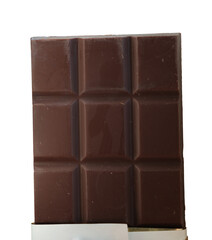 Realistic photograph of an unwrapped chocolate bar isolated. Partially foil paper. Classic artisanal dark chocolate bar without white sugar. Minimalist design. Bean-to-bar concept.