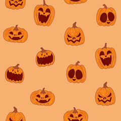 Laughing pumpkins illustration. Halloween pattern seamless orange wallpaper.
