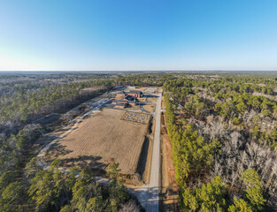 Aerial landscape rural forest in winter after Hurricane Helene in Appling Augusta Georgia