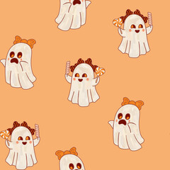 Cute ghost girls with bows on their heads and sweets. Halloween pattern seamless orange wallpaper.