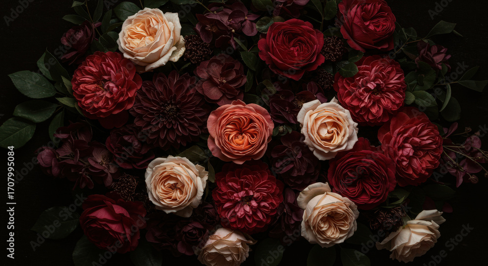 Poster deep bloom composition a rich and moody arrangement of dark red and peach roses with lush greenery c