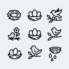 Simple line art bird nest and eggs icons collection Silhouette vector illustration © Pixel Box