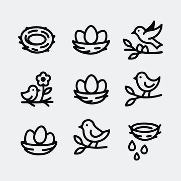 Simple line art bird nest and eggs icons collection Silhouette vector illustration