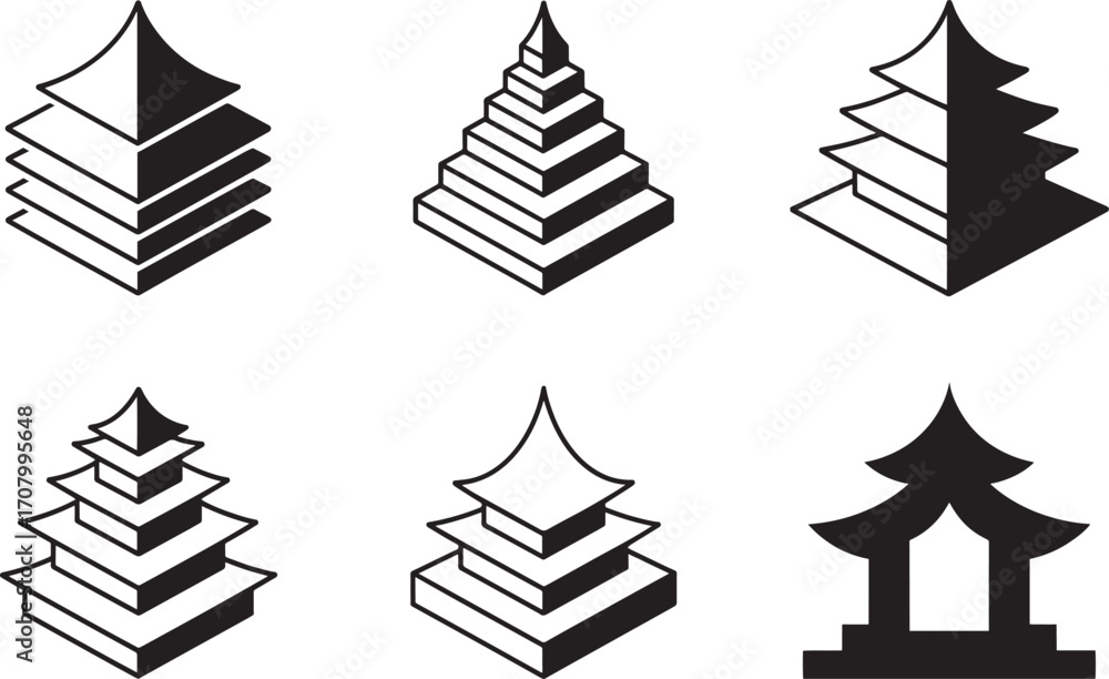 Poster isometric pagoda structures collection architectural design elements asian temple building icons set