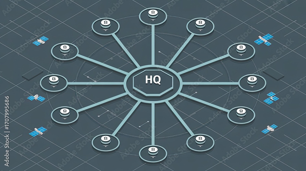 Poster hq network satellite data: a futuristic and intricate diagram depicts a central hq hub linked to orb