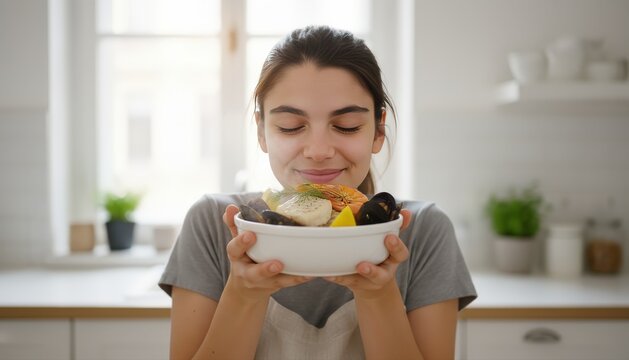 Cheerful woman enjoying food taste indoors. Young housewife smelling seafood