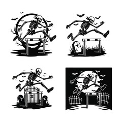 Four black and white illustrations of skeletons jumping over hurdles, with a Halloween theme.