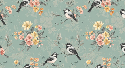 Delicate Bird and Floral Pattern on Teal Background with Watercolor Style for Textile Design and Wallpaper Featuring Songbirds Perched Among Blooming Branches