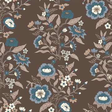 Seamless Jacobean pattern with hand drawn blue flowers and leaves on brown background. Boho floral repeat wallpaper with indian chintz ornament