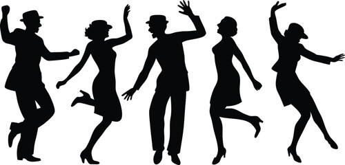 Ballet Dancer Silhouette Collection Vector Illustration,Black and white vector silhouette of couple dancing,set of men and women street dancers in silhouette, Set of black solid people dancing,Ai