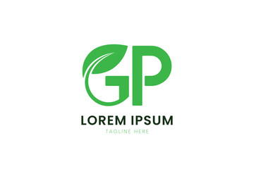 Minimalist green gp logo design with leaf element for eco-friendly brands