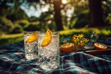 Two Refreshing Gin and Tonic Cocktails on a Picnic Blanket.