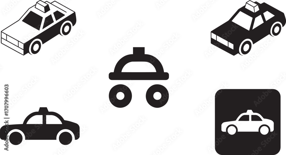 Poster isometric taxi vector set depicting urban transportation in various styles on transparent backdrop