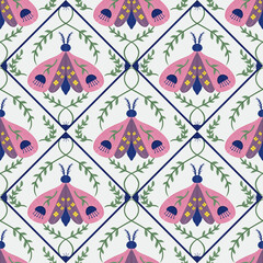 Seamless folk moth pattern with geometric diamond frame, floral branches and boho vintage inspired surface design