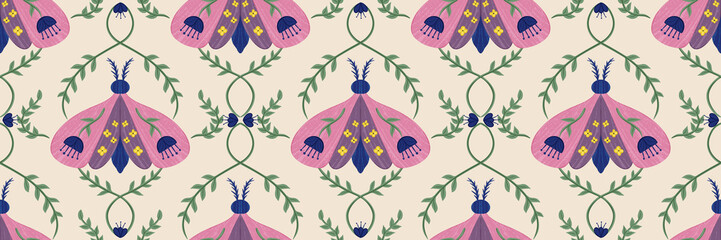 Folk style seamless moth pattern with pink wings, floral branches and vintage botanical elements background