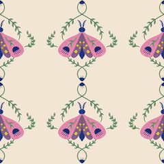 Decorative folk art moth seamless pattern with botanical branches and floral elements in modern boho style