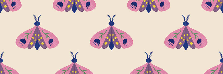 Seamless folk art moth pattern in pink and navy colors with botanical floral details on light background