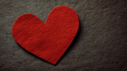 Fototapeta premium A red heart symbol centered on a textured dark gray background resembling fabric or stone, conveying love and warmth.