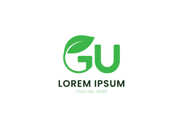 Modern green leaf logo design "gu" with placeholder text for branding