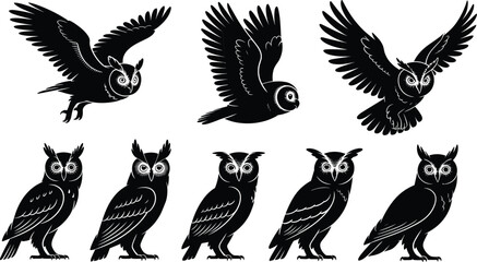 Flying and standing owl vector silhouettes, black bird clipart set, wildlife nature icons, night owl illustrations, detailed feather graphics