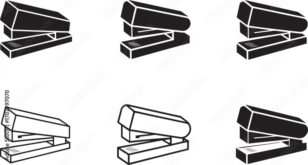 Poster office stapler tool vector illustration set for paper binding and document organization