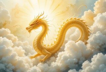 Luxurious gold dragon with an elegant form that radiates light, gracefully rising through delicate watercolor clouds in natural illumination.